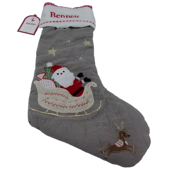 Pottery Barn Kids Stocking Santa Sleigh Bennett Holiday Christmas Quilted Grey - Picture 1 of 10